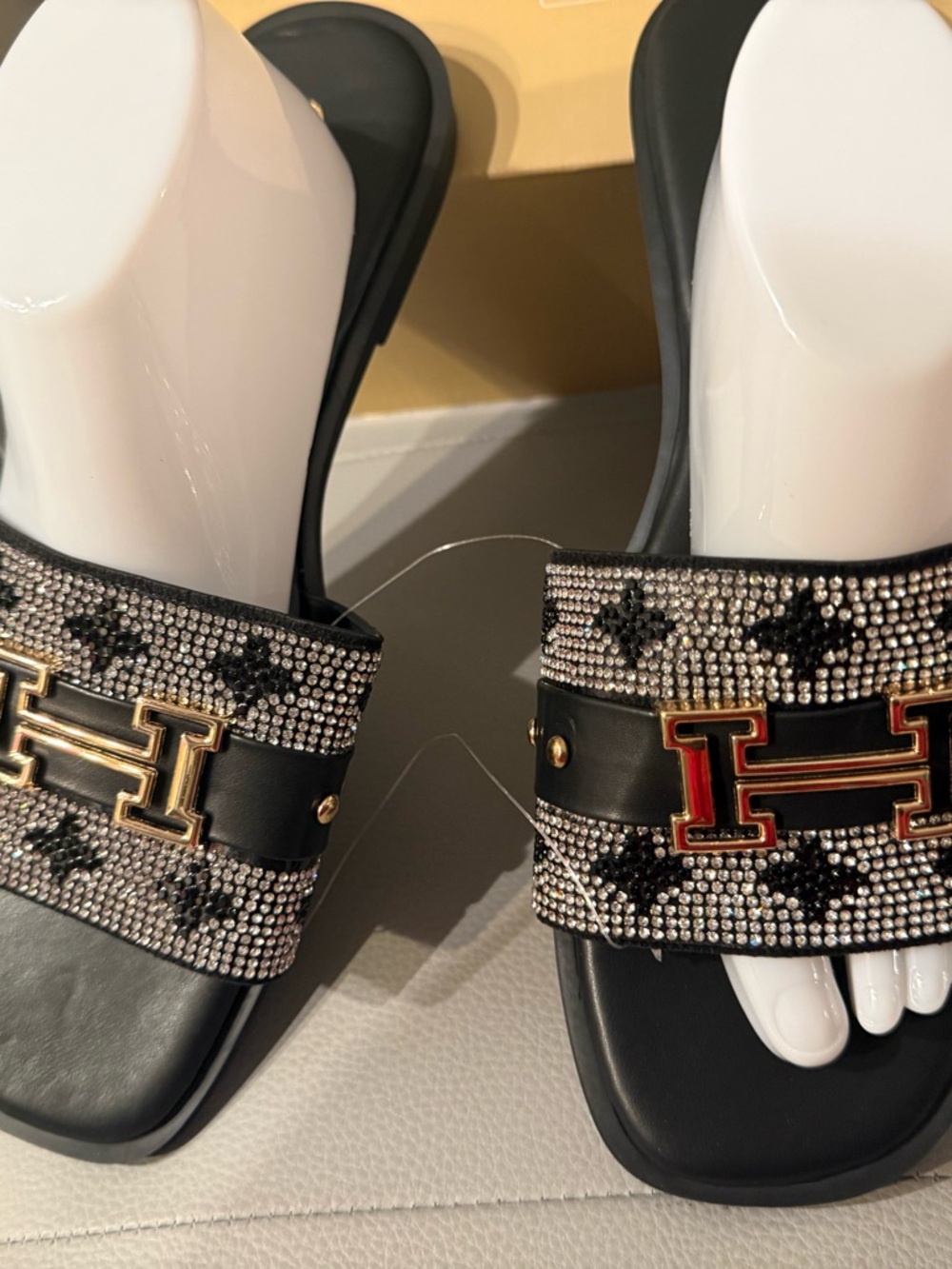 Black Crystal-Embellished Slide Sandals with Gold Accent